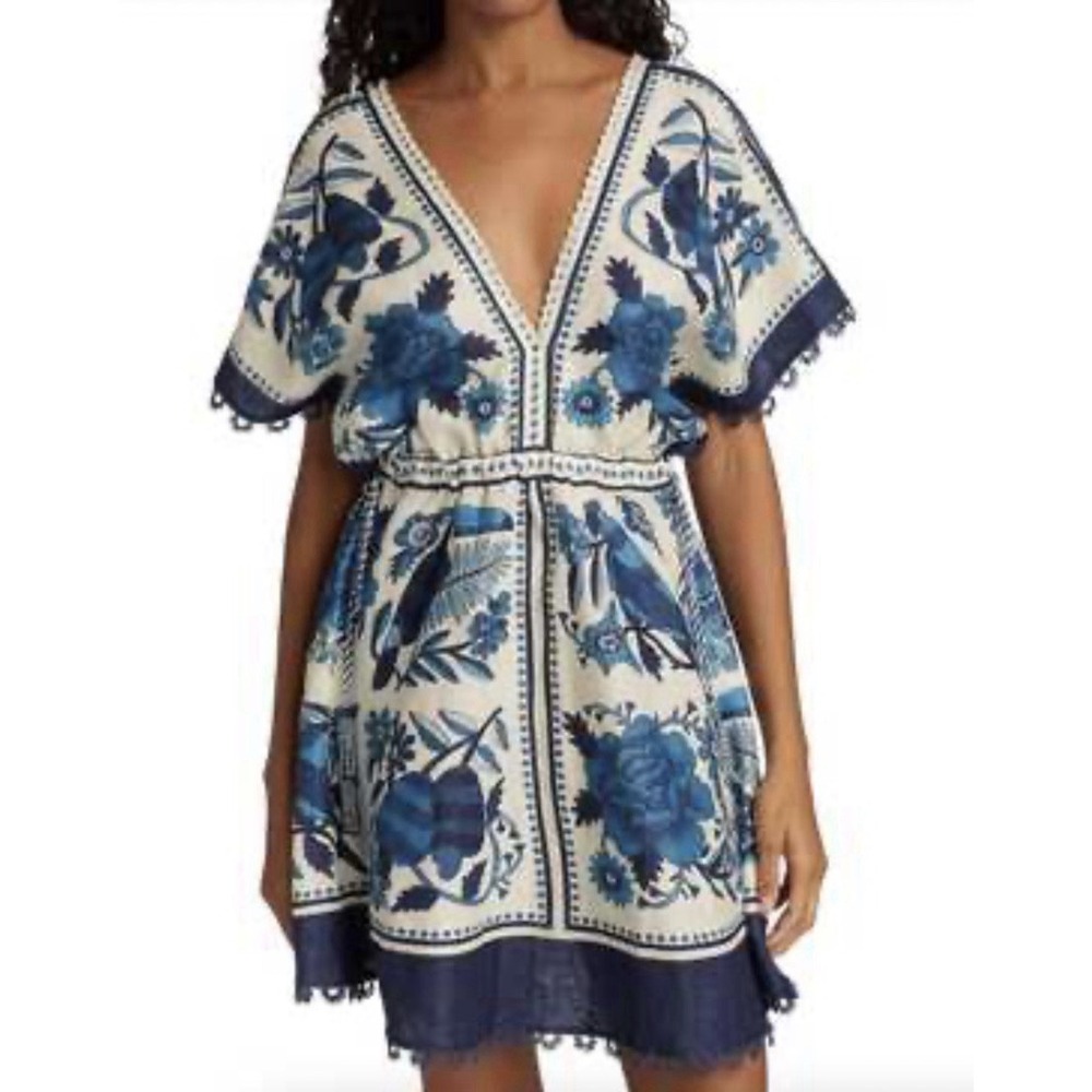 NWT FARM Rio Tropical Tiles Linen Mini Dress L Toucan Boho Vacation Cottagecore